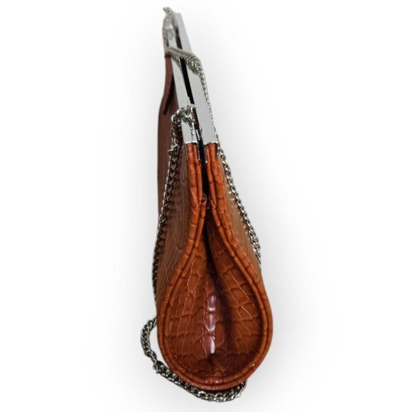 Giovane Rusty Orange Faux Crocodile  Silver Hardware Chain Strap Clutch Bag NWT - Picture 3 of 6